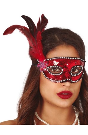 Antifaz Rojo lentejuelas con Pluma