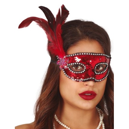 Comprar Antifaz Rojo lentejuelas con Pluma > Complementos para Disfraces > Accesorios para la cabeza Disfraces > Antifaces para Disfraces | Tienda de disfraces en Madrid,