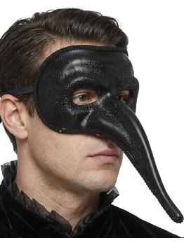 Antifaz Veneciano Negro con Glitter y Nariz Larga para Adultos