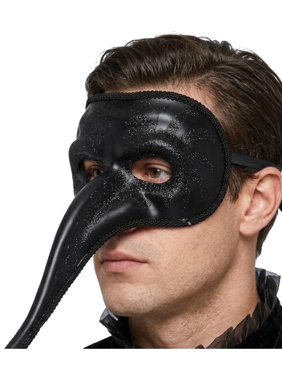 Antifaz Veneciano Negro con Glitter y Nariz Larga para Adultos