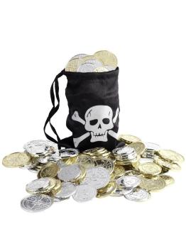 Bolsa de monedas pirata, negro, con monedas