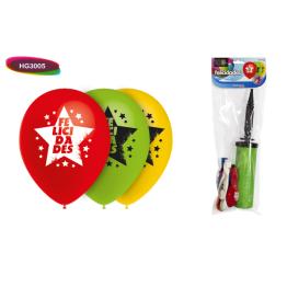 Bolsa Solapa 10 globos “felicidades” + inflador manual doble acc