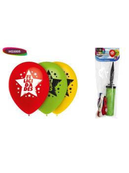 Bolsa Solapa 10 globos “felicidades” + inflador manual doble acc