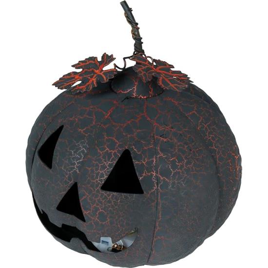 Calabaza Negra y Naranja con Luz (20 cm) - Decoración Metálica para Halloween y Fiestas Temáticas - Ideal para Celebraciones de Terror y Ocasiones Especiales - Negro y Naranja
