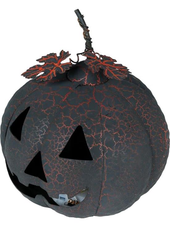Calabaza Negra y Naranja con Luz (20 cm) - Decoración Metálica para Halloween y Fiestas Temáticas - Ideal para Celebraciones de Terror y Ocasiones Especiales - Negro y Naranja
