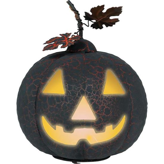 Calabaza Negra y Naranja con Luz (20 cm) - Decoración Metálica para Halloween y Fiestas Temáticas - Ideal para Celebraciones de Terror y Ocasiones Especiales - Negro y Naranja