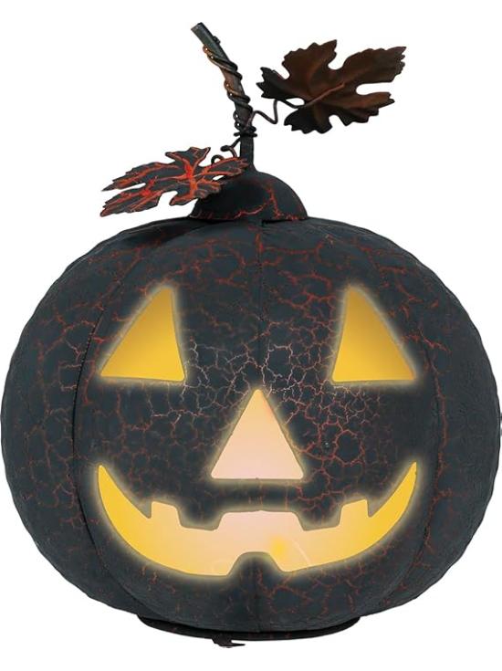 Calabaza Negra y Naranja con Luz (20 cm) - Decoración Metálica para Halloween y Fiestas Temáticas - Ideal para Celebraciones de Terror y Ocasiones Especiales - Negro y Naranja