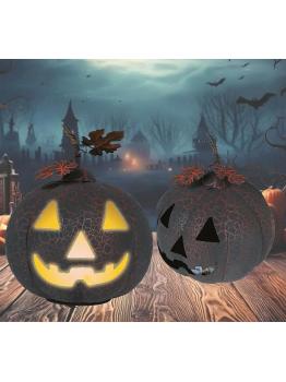 Calabaza Negra y Naranja con Luz (20 cm) - Decoración Metálica para Halloween y Fiestas Temáticas - Ideal para Celebraciones de Terror y Ocasiones Especiales - Negro y Naranja