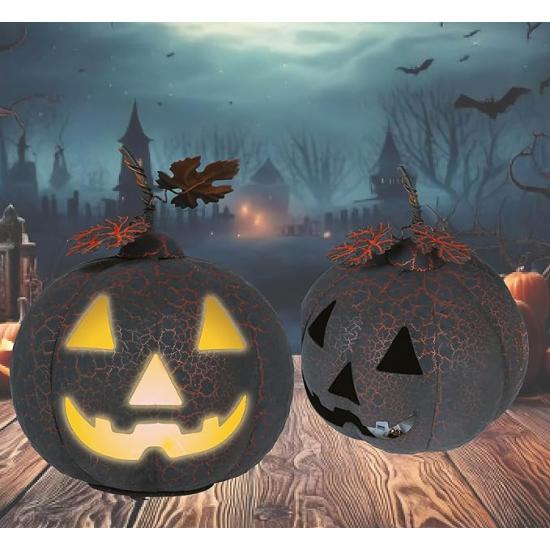 Calabaza Negra y Naranja con Luz (20 cm) - Decoración Metálica para Halloween y Fiestas Temáticas - Ideal para Celebraciones de Terror y Ocasiones Especiales - Negro y Naranja