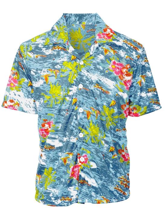 Camisa Hawaiana Flores Azul Claro
