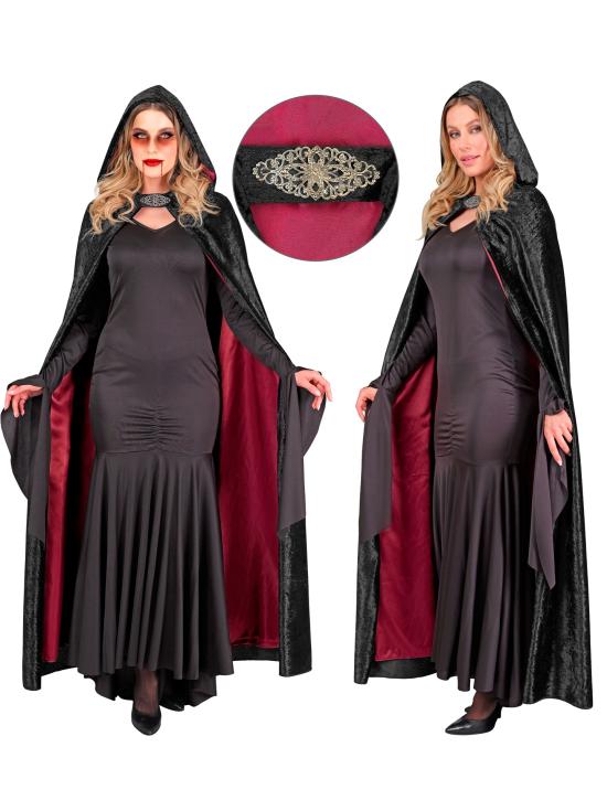 Capa con capucha terciopelo negro y forro rojo – 140 cm