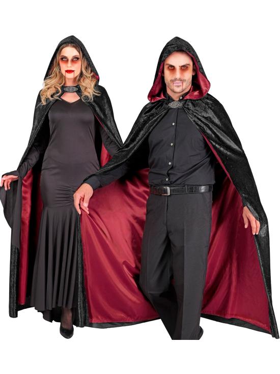 Capa con capucha terciopelo negro y forro rojo – 140 cm