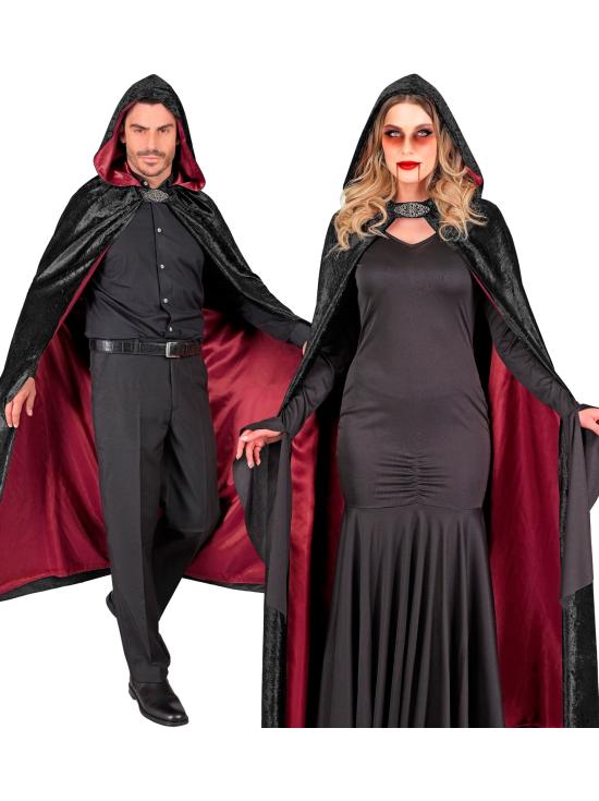Capa con capucha terciopelo negro y forro rojo – 140 cm