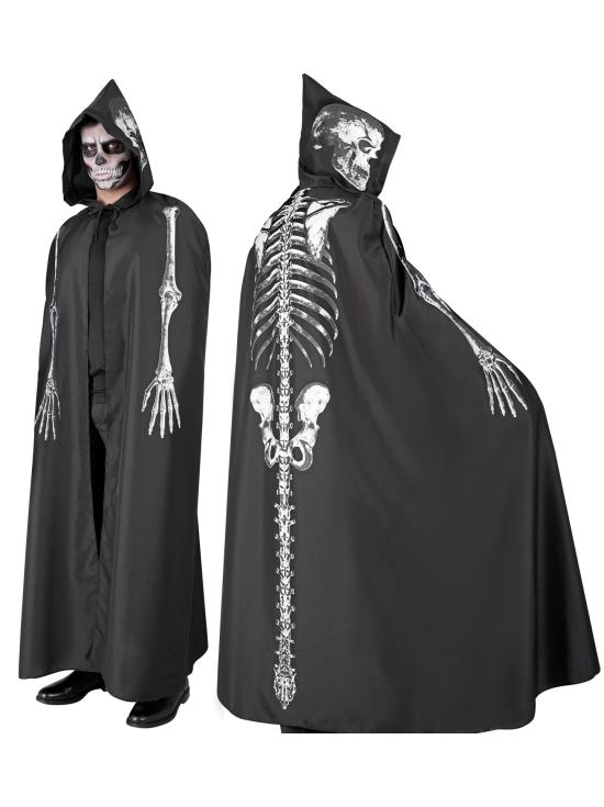 Capa de esqueleto con capucha para adulto, 150 cm, disfraz para Halloween