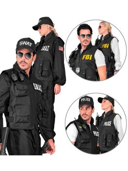 CHALECO TÁCTICO SWAT | FBI | POLICÍA" con 3 insignias extraíbles .