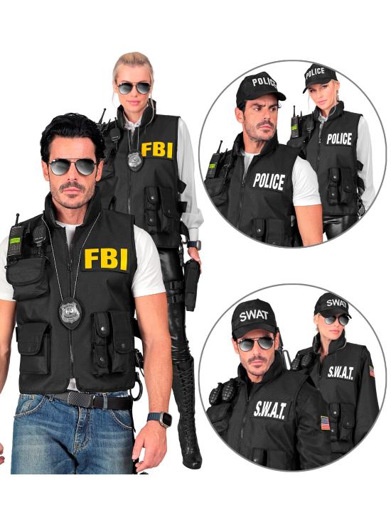 CHALECO TÁCTICO SWAT | FBI | POLICÍA" con 3 insignias extraíbles .