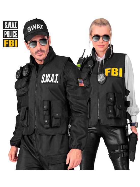 CHALECO TÁCTICO SWAT | FBI | POLICÍA" con 3 insignias extraíbles .