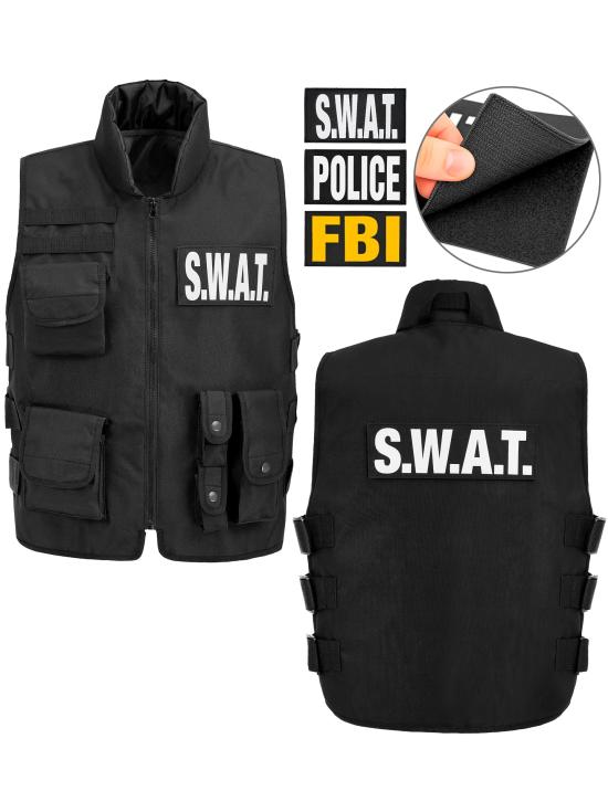 CHALECO TÁCTICO SWAT | FBI | POLICÍA" con 3 insignias extraíbles .