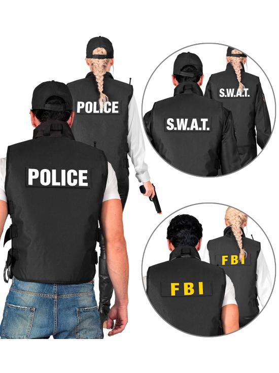 CHALECO TÁCTICO SWAT | FBI | POLICÍA" con 3 insignias extraíbles .