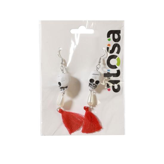 Pendientes de Calaveras con Perlas y Borlas Rojas Pendientes de Calaveras con Perlas y Borlas Rojas