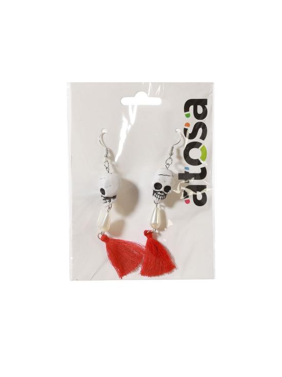 Pendientes de Calaveras con Perlas y Borlas Rojas