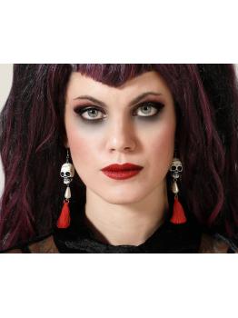 Pendientes de Calaveras con Perlas y Borlas Rojas
