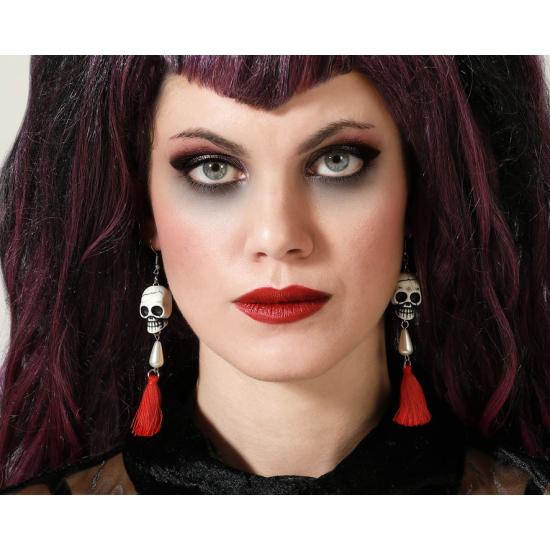 Pendientes de Calaveras con Perlas y Borlas Rojas Pendientes de Calaveras con Perlas y Borlas Rojas