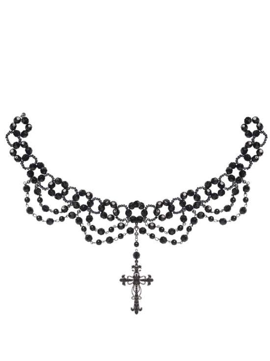 Collar Gótico con Cruz Colgante Perlas .
