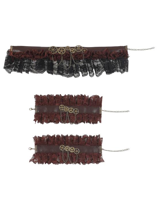 Conjunto de Accesorios Steampunk Marrón – Collar y Pulseras de Encaje