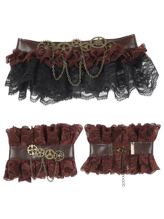 Conjunto de Accesorios Steampunk Marrón – Collar y Pulseras de Encaje