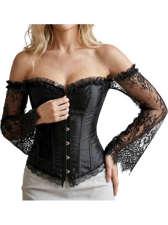 Corsé Negro con Mangas Largas de Encaje para Mujer - Disfraz de Princesa, Marquesa y Dama Gótica
