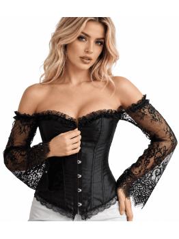 Corsé Negro con Mangas Largas de Encaje para Mujer - Disfraz de Princesa, Marquesa y Dama Gótica