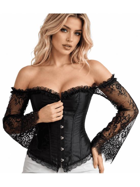 Corsé Negro con Mangas Largas de Encaje para Mujer - Disfraz de Princesa, Marquesa y Dama Gótica