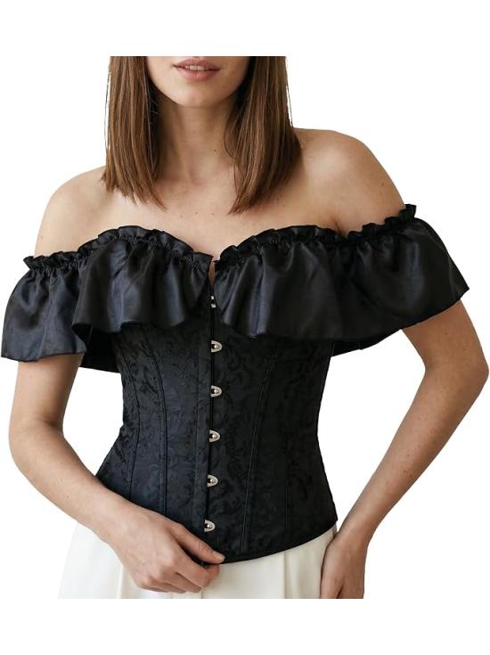 Corsé Negro con Volantes para Mujer - Disfraz de Princesa, Marquesa y Dama de Época