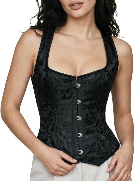 Corsé Negro Floral para Mujer con Ganchos Delanteros - Disfraz Medieval, Princesa y Marquesa