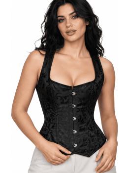 Corsé Negro Floral para Mujer con Ganchos Delanteros - Disfraz Medieval, Princesa y Marquesa