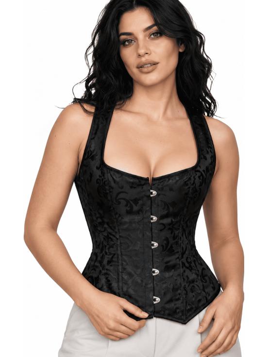 Corsé Negro Floral para Mujer con Ganchos Delanteros - Disfraz Medieval, Princesa y Marquesa