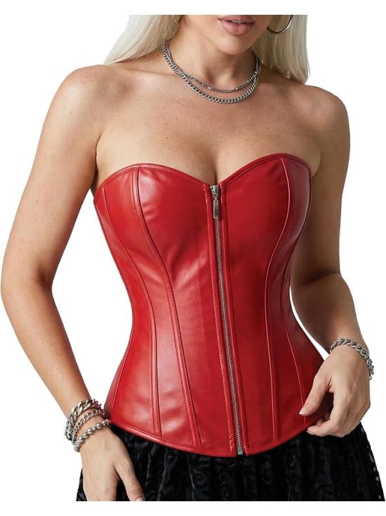 Corsé Rojo Efecto Cuero para Mujer con Cremallera Delantera - Disfraz Sexy
