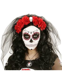 Diadema 6 Rosas Rojas con Calavera y Velo