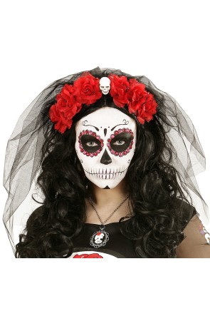 Diadema 6 Rosas Rojas con Calavera y Velo