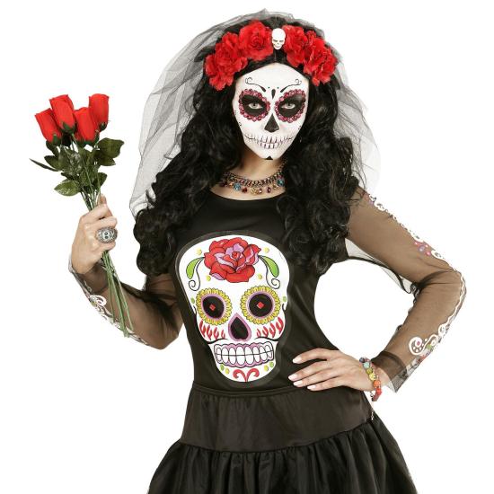 Diadema 6 Rosas Rojas con Calavera y Velo Diadema 6 Rosas Rojas con Calavera y Velo