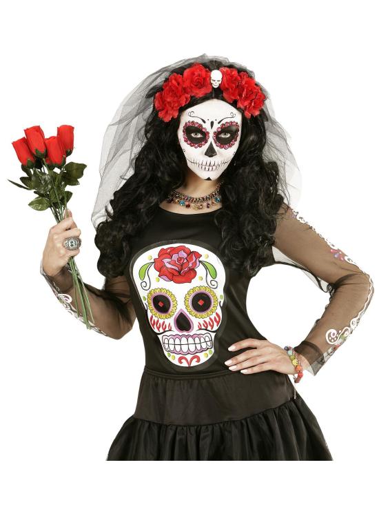 Diadema 6 Rosas Rojas con Calavera y Velo
