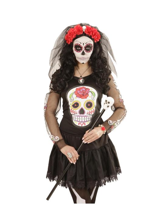 Diadema 6 Rosas Rojas con Calavera y Velo