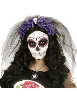 Diadema 6 Rosas Violeta con Calavera y Velo
