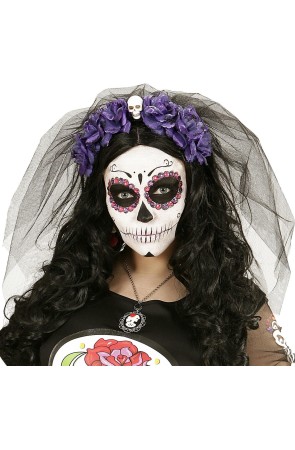 Diadema 6 Rosas Violeta con Calavera y Velo