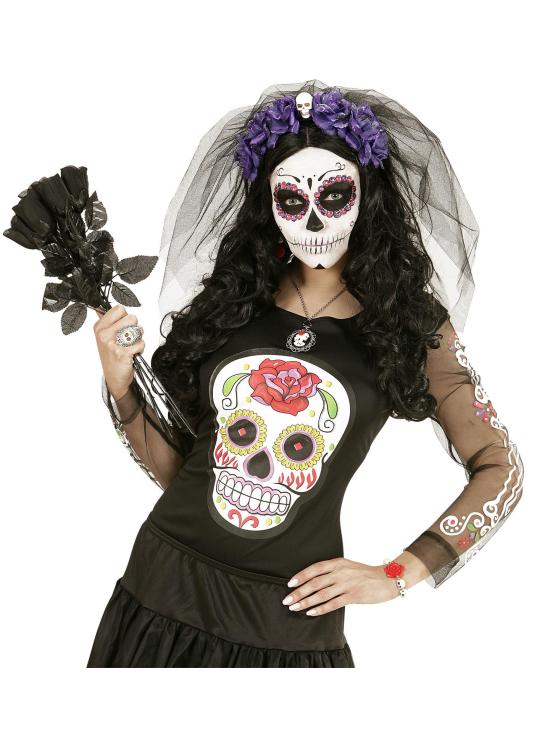 Diadema 6 Rosas Violeta con Calavera y Velo