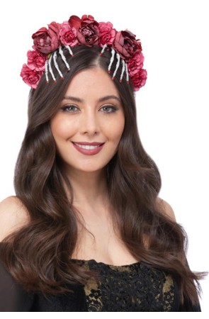 Diadema con rosas rojas y esqueletos