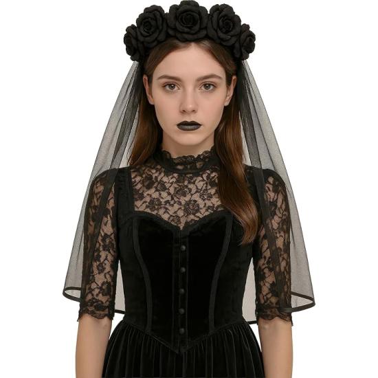 Diadema con Velo Negro – Accesorio de Disfraz para Halloween y Fiestas de Terror