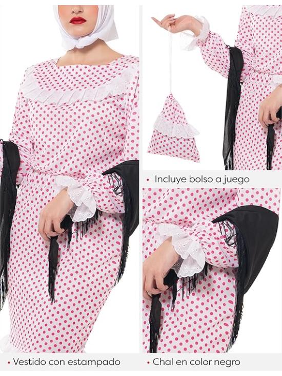 Disfraz Chulapa Deluxe mujer, Vestido, chal, pañuelo, clavel y bolso, Talla Estandard, Licencia Oficial para San Isidro, Chulapos, Chotis, Madrileño