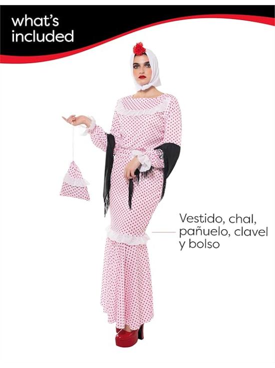 Disfraz Chulapa Deluxe mujer, Vestido, chal, pañuelo, clavel y bolso, Talla Estandard, Licencia Oficial para San Isidro, Chulapos, Chotis, Madrileño